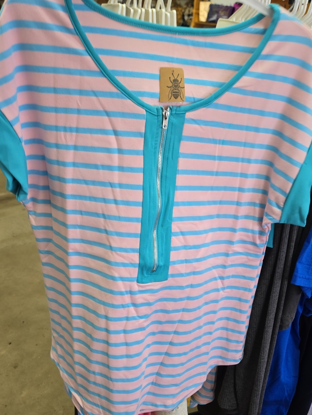 Striped Pink & Aqua Zip-Front Tee